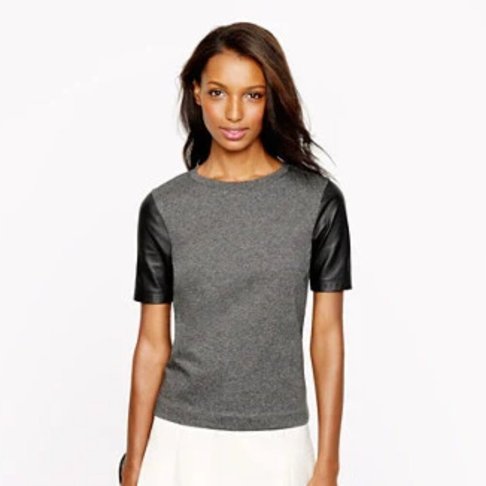 EUC J.Crew Leather Sleeve Tee Shirt Dark Gray Size XXS